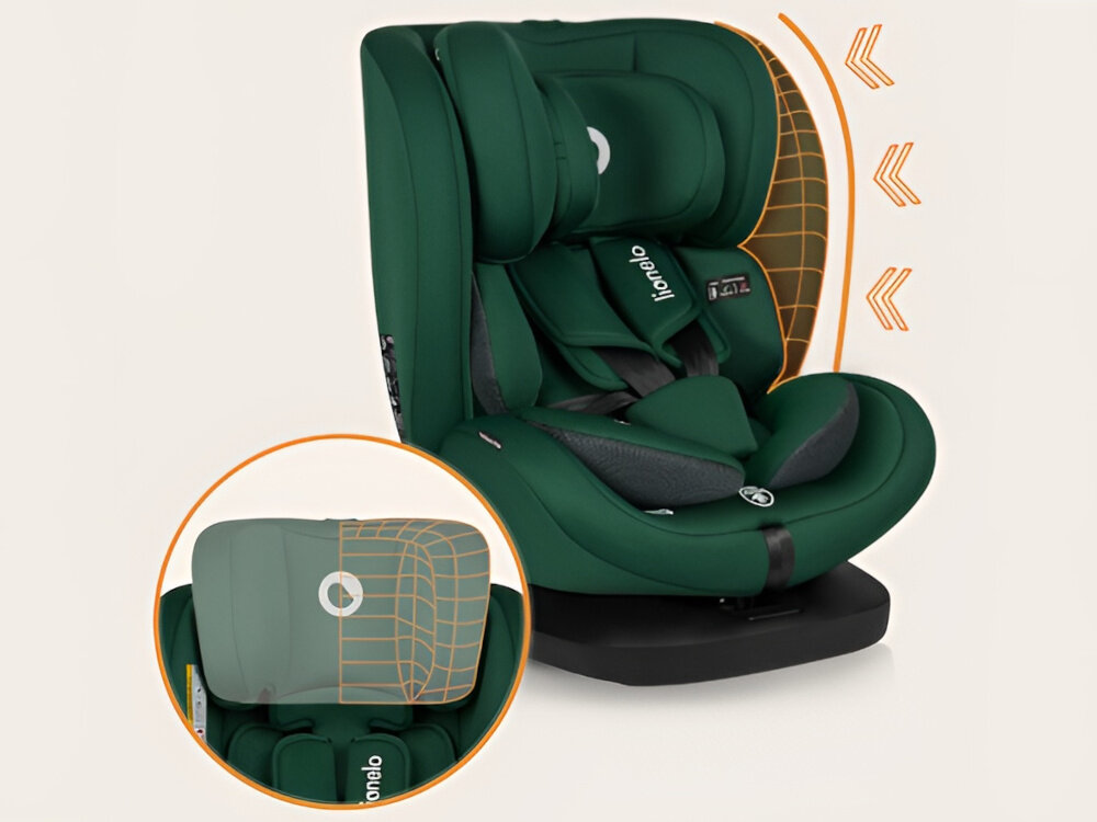 Fotelik samochodowy LIONELO Bastiaan i-Size 40-150 cm (0-36 kg) Zielony fotelik na jasnym tle widoczny od przodu pod skosem zbliżenie na pomarańczowo zagłówek i boki spełnia normę i-Size R129 zaawansowana ochrona boczna i odpowiednio wzmocniony zagłówek wytrzymała skorupa warstwa pianki Memory Foam skutecznie pochłania przeciążenia bezpieczeństwo