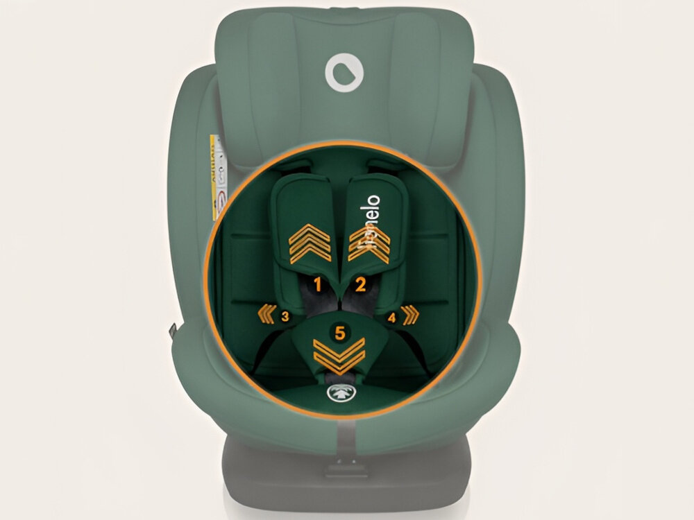 Fotelik samochodowy LIONELO Bastiaan i-Size 40-150 cm (0-36 kg) Zielony fotelik na jasnym tle widoczny od przodu zbliżenie na pasy 5-punktowe pasy bezpieczeństwa stabilizują ciało dziecka w kilku kluczowych miejscach mechanizm równomiernie rozkłada siły działające na tułów miękkie osłonki na ramiona chronią przed otarciami