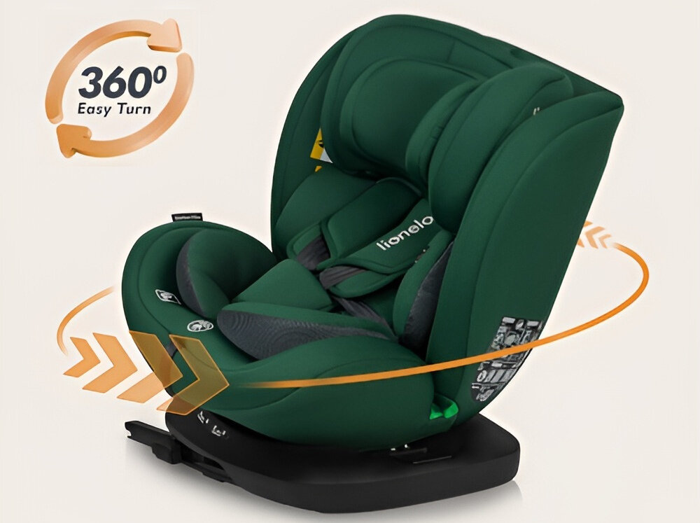 Fotelik samochodowy LIONELO Bastiaan i-Size 40-150 cm (0-36 kg) Zielony fotelik na jasnym tle widoczny od przodu pod skosem na pomarańczowo zaznaczona możliwość obrotu system obrotowy EasyTurn 360° ułatwia sadzanie dziecka zapinanie pasów usprawnia codzienne korzystanie z fotelika płynny obrót pozwala szybko ustawić fotelik w oczekiwanym położeniu