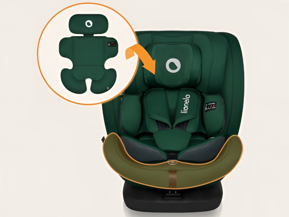 Fotelik samochodowy LIONELO Bastiaan i-Size 40-150 cm (0-36 kg) Zielony fotelik na jasnym tle widoczny od przodu zbliżenie na wkładki wkładka redukcyjna wkładka lędźwiowa Dri-Seat poprawne ułożenie ciała odpowiednia cyrkulacja powietrza siedzisko z pianki EPE dla dzieci od pierwszych dni życia do około 10 lat
