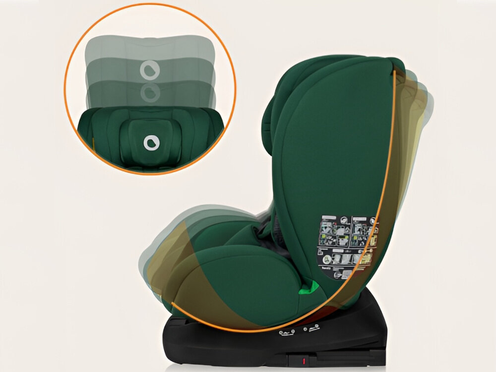 Fotelik samochodowy LIONELO Bastiaan i-Size 40-150 cm (0-36 kg) Zielony fotelik na jasnym tle widoczny z boku pokazana możliwość regulacji zagłówka i oparcia system regulacji zagłówka oparcia i pasów działa w sposób zintegrowany siedmiostopniowa regulacja zagłówka w zakresie od 60,8 do 76,2 cm personalizacja ustawień fotelik rośnie razem z maluchem