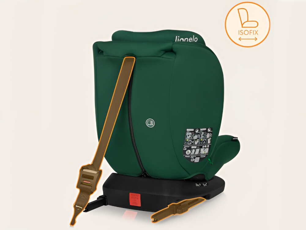 Fotelik samochodowy LIONELO Bastiaan i-Size 40-150 cm (0-36 kg) Zielony fotelik na jasnym tle widoczny od tyłu zaznaczone na pomarańczowo systemu montażu system ISOFIX Top Tether szybki i prawidłowy montaż specjalne oznaczenia zmieniające kolor z czerwonego na zielony potwierdzają poprawne zapięcie możliwość montażu także pasami samochodowymi