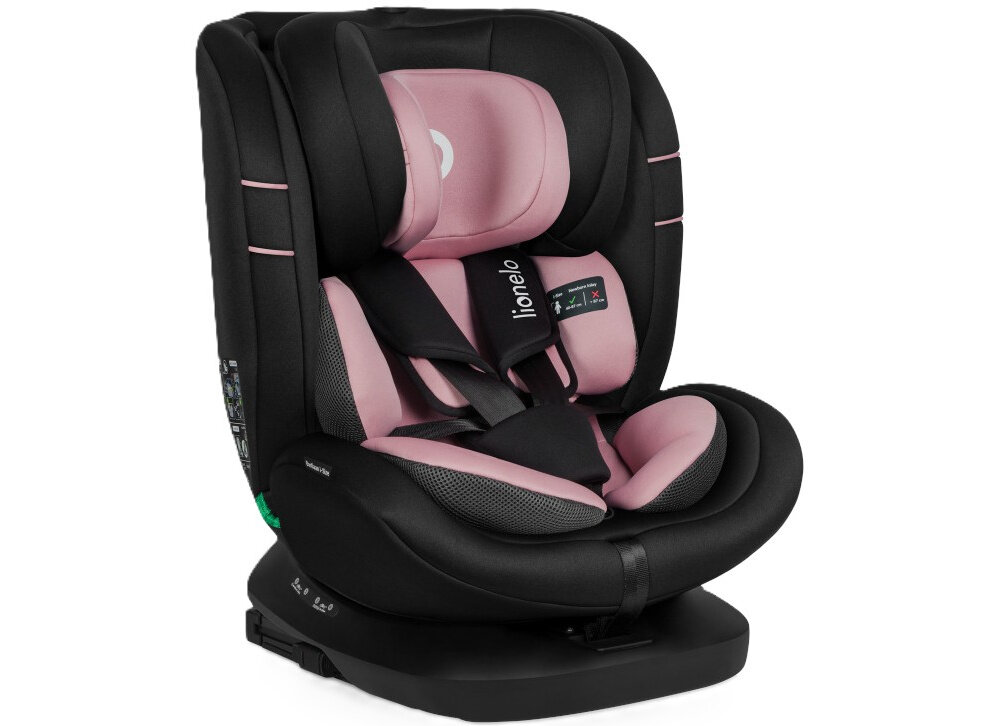 Fotelik samochodowy LIONELO Bastiaan i-Size 40-150 cm (0-36 kg) Czarno-różowy fotelik na białym tle widoczny od przodu pod skosem do bezpiecznego i wygodnego przewożenia dziecka od 40 do 150 cm wzrostu i o wadze od 0 do 36 kg stabilne podparcie intuicyjne dopasowanie do różnych etapów rozwoju wbudowane systemy ochronne szeroki zakres regulacji