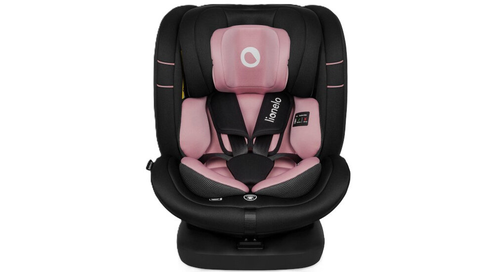 Fotelik samochodowy LIONELO Bastiaan i-Size 40-150 cm (0-36 kg) Czarno-różowy fotelik na białym tle widoczny od przodu tapicerkę można odkurzać prać w pralce w 30°C łatwe czyszczenie fotelika