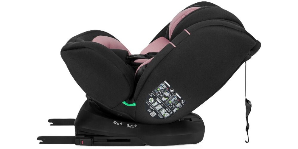 Fotelik samochodowy LIONELO Bastiaan i-Size 40-150 cm (0-36 kg) Czarno-różowy fotelik na białym tle widoczny bokiem montaż tyłem (RWF) i przodem (FWF) dostosowanie jazdy do wieku i etapu rozwoju dziecka montaż RWF rekomendowany dla najmłodszych możliwość przejścia na FWF ułatwia przewożenie starszych dzieci