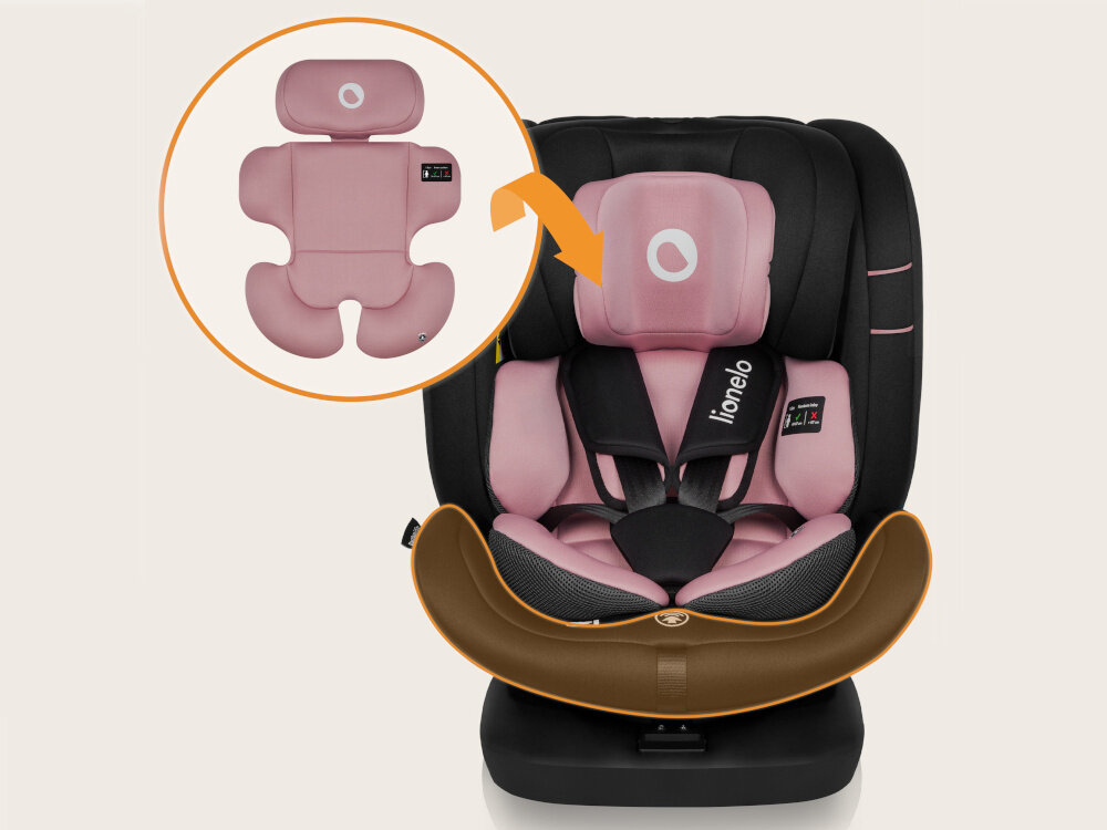 Fotelik samochodowy LIONELO Bastiaan i-Size 40-150 cm (0-36 kg) Czarno-różowy fotelik na jasnym tle widoczny od przodu zbliżenie na wkładki wkładka redukcyjna wkładka lędźwiowa Dri-Seat poprawne ułożenie ciała odpowiednia cyrkulacja powietrza siedzisko z pianki EPE dla dzieci od pierwszych dni życia do około 10 lat