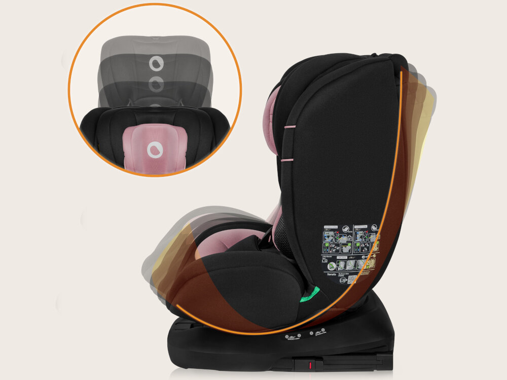 Fotelik samochodowy LIONELO Bastiaan i-Size 40-150 cm (0-36 kg) Czarno-różowy fotelik na jasnym tle widoczny z boku pokazana możliwość regulacji zagłówka i oparcia system regulacji zagłówka oparcia i pasów działa w sposób zintegrowany siedmiostopniowa regulacja zagłówka w zakresie od 60,8 do 76,2 cm personalizacja ustawień fotelik rośnie razem z maluchem