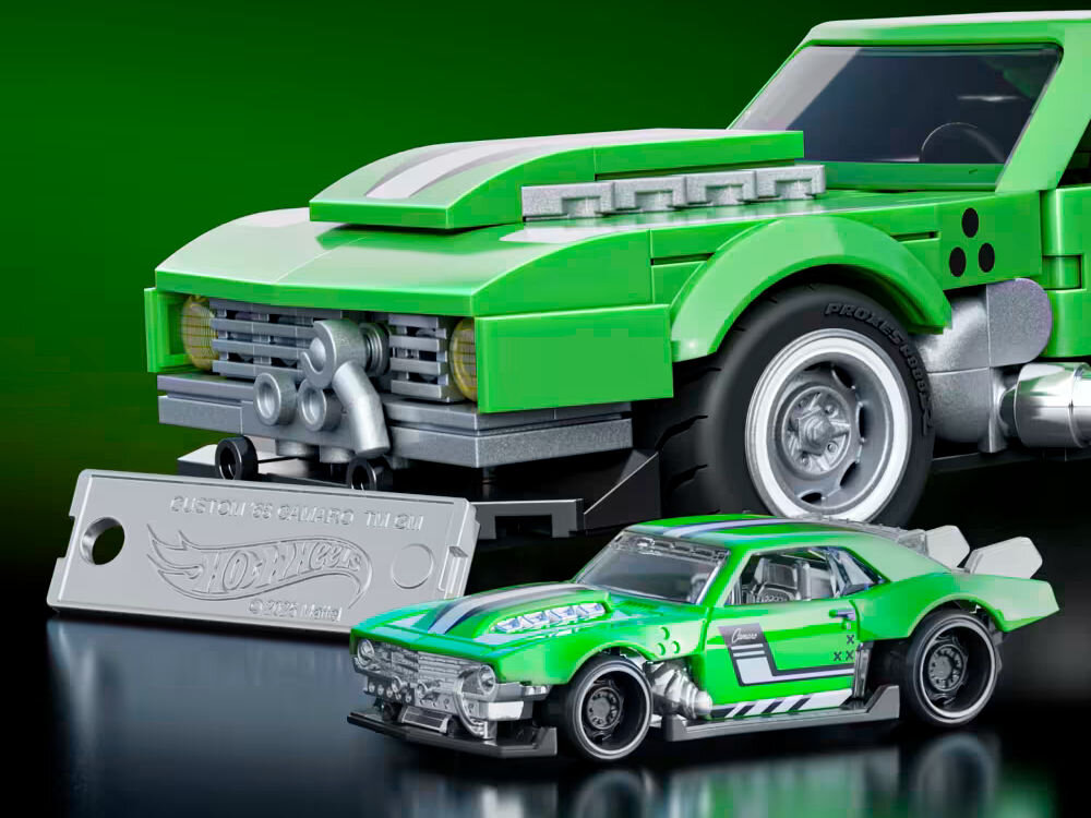 Klocki plastikowe BRICK SHOP Hot Wheels Speed Series Custom 68 Camaro JFT16 zestaw duży samochód mały samochód złote felgi tabliczka breloczek