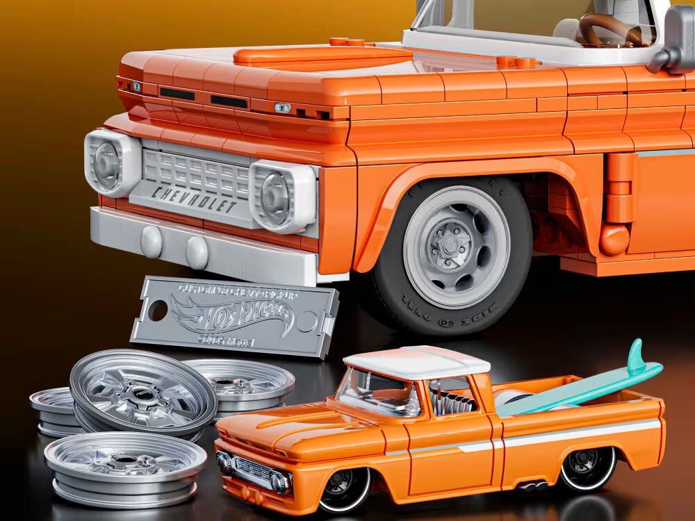Klocki plastikowe BRICK SHOP Hot Wheels Elite Series Custom 62 Chevy Pickup JFT20 zestaw duży samochód mały samochód złote felgi tabliczka breloczek