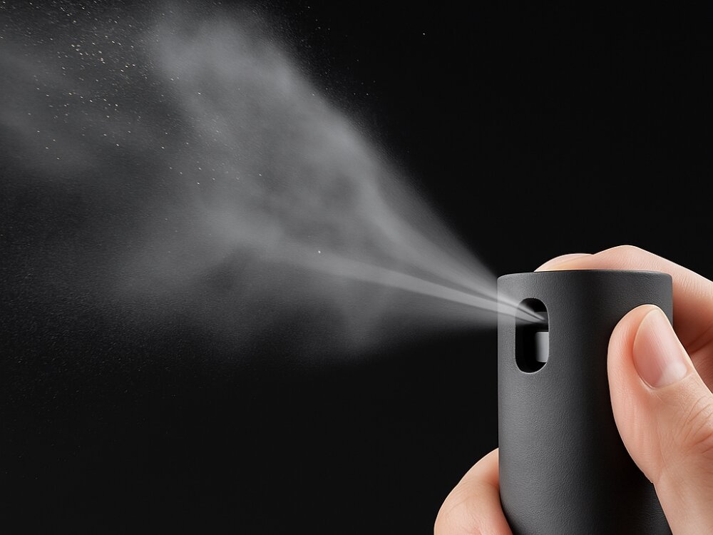 Spray czyszczący do wyświetlaczy BELINE 10 ml, czysto, zasięg, ręka, porządek, dłoń trzyma spray i nim sprayuje