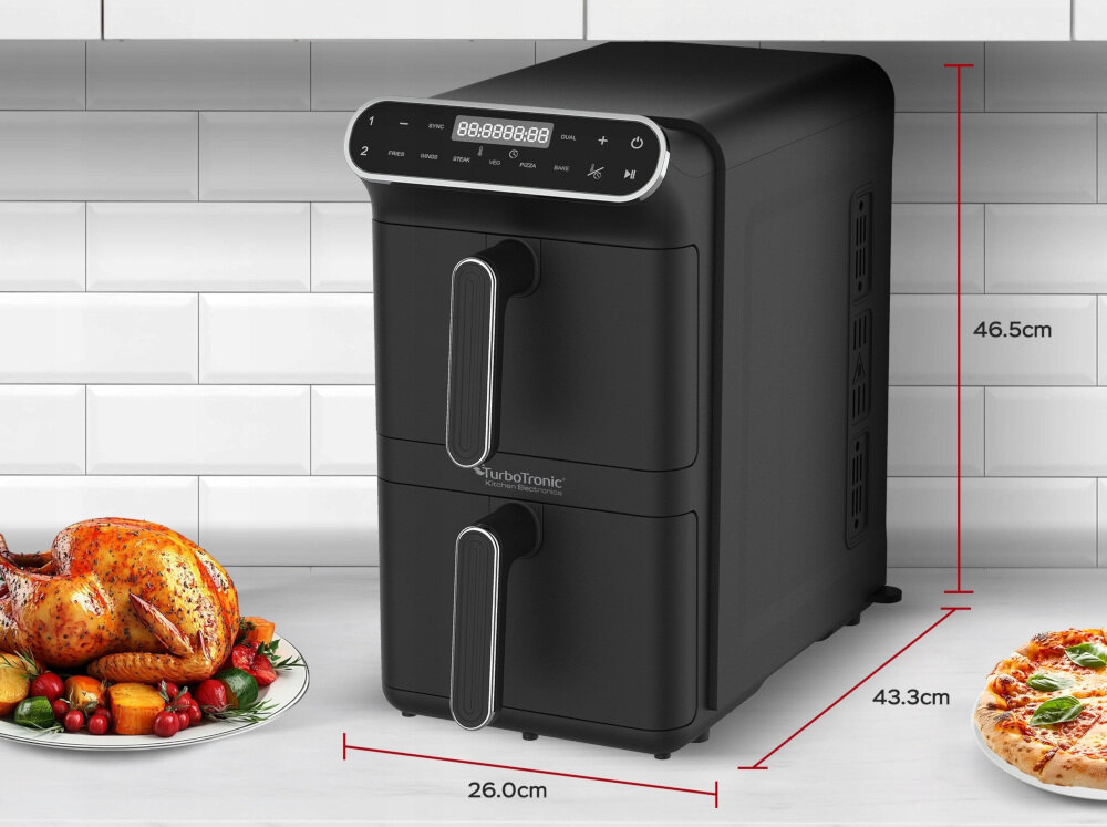 Air Fryer Frytkownica beztłuszczowa TURBOTRONIC TT-AF500D Czarny z podwójnym koszem Oszczędność miejsca w kuchni Pionowa konstrukcja  11 litrów pojemności posiłki