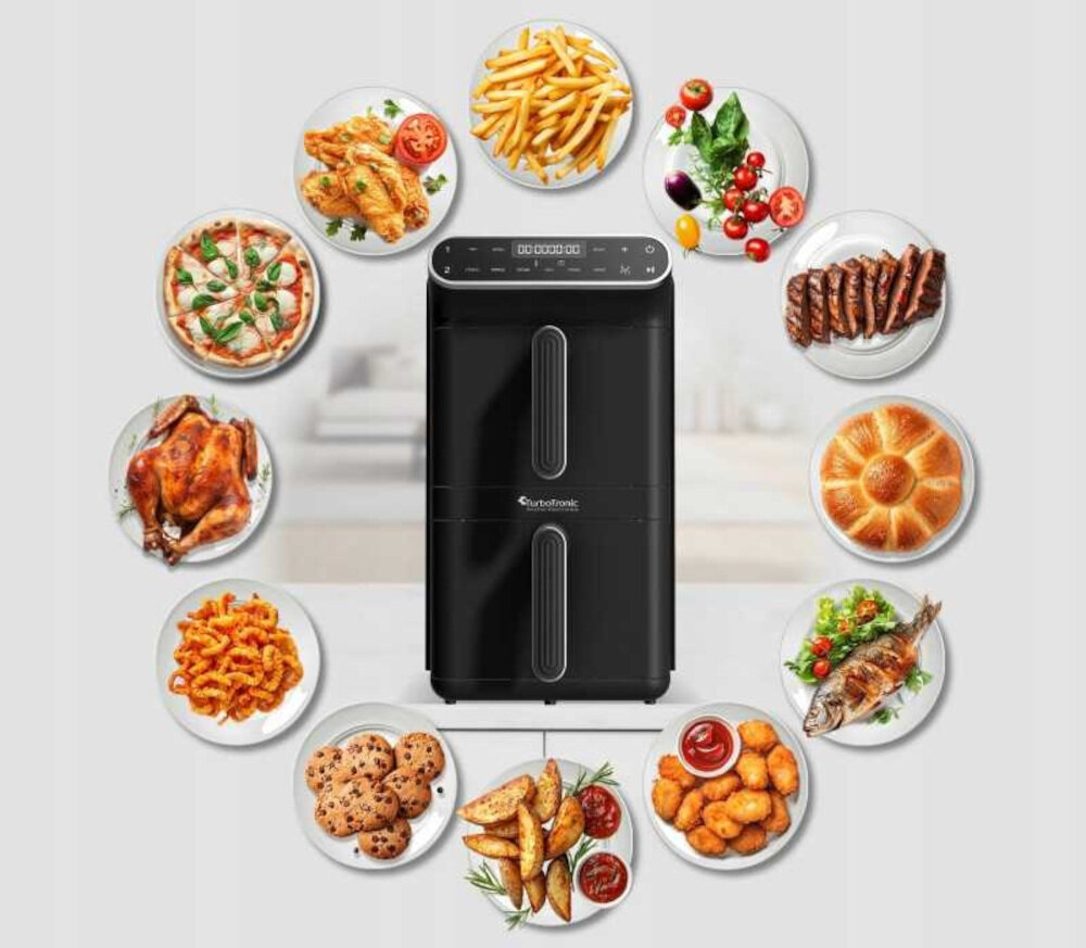 Air Fryer Frytkownica beztłuszczowa TURBOTRONIC TT-AF500D Czarny z podwójnym koszem Matowa czerń i minimalistyczna forma długotrwałe użytkowanie elegancki design  charakter