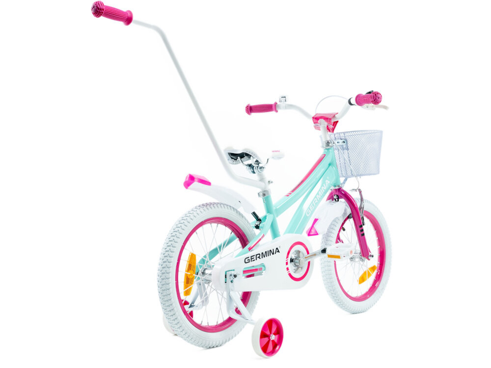 Rower dziecięcy GERMINA BMX 16 cali dla dziewczynki Błękitny rowerek na białym tle widoczny od tyłu pod skosem pałąk prowadzący dla rodzica szlifowanie umiejętności bezpieczeństwo pełna kontrola nad pojazdem