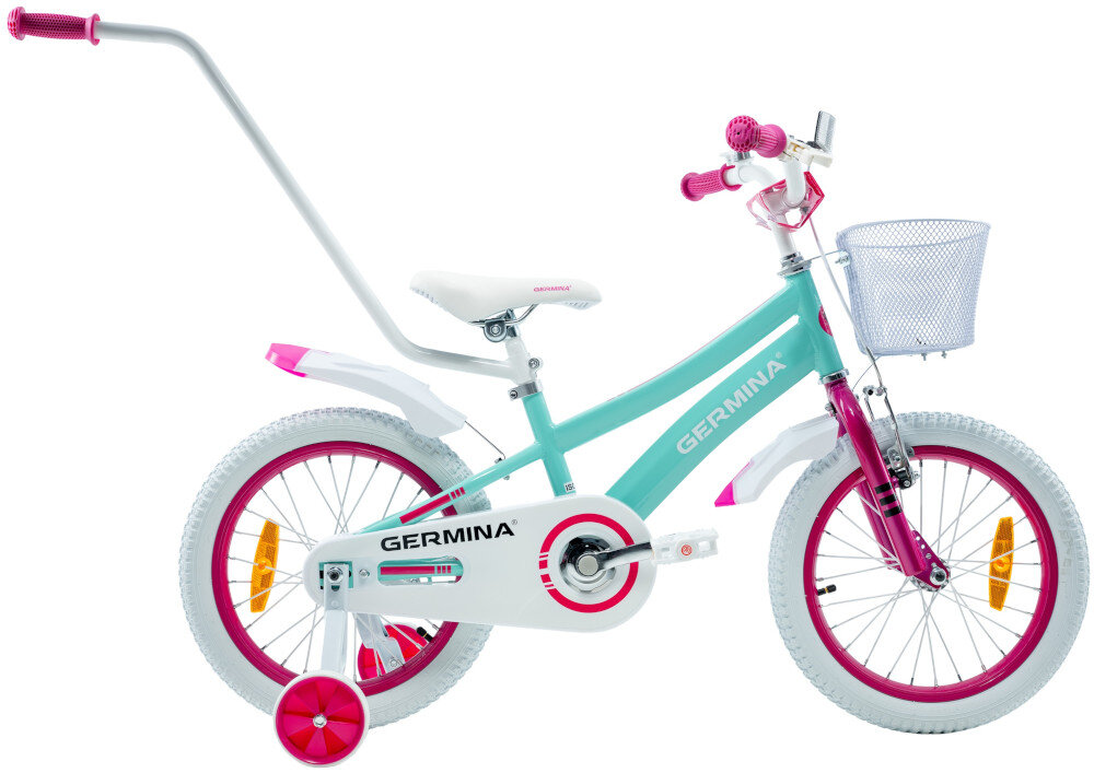 Rower dziecięcy GERMINA BMX 16 cali dla dziewczynki Błękitny rower na białym tle widoczny z boku odpowiednio wyselekcjonowane materiały stalowa 8,5-calowa rama dostosowana do najmłodszych geometria ponadprzeciętna odporność na uszkodzenia mechaniczne i działanie czynników zewnętrznych wybór rozmiaru ramy Twój wzrost mierzony w zrelaksowanej pozycji typ