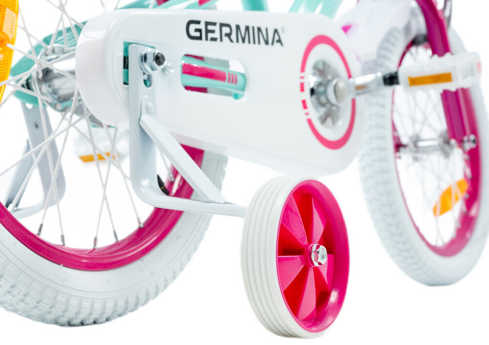 Rower dziecięcy GERMINA BMX 16 cali dla dziewczynki Błękitny zbliżenie na osłonę łańcucha boczne kółka asekurują dziecko w początkowej fazie nauki boczne kółka można łatwo usunąć osłona łańcucha grafika zabezpiecza łańcuch przed brudem