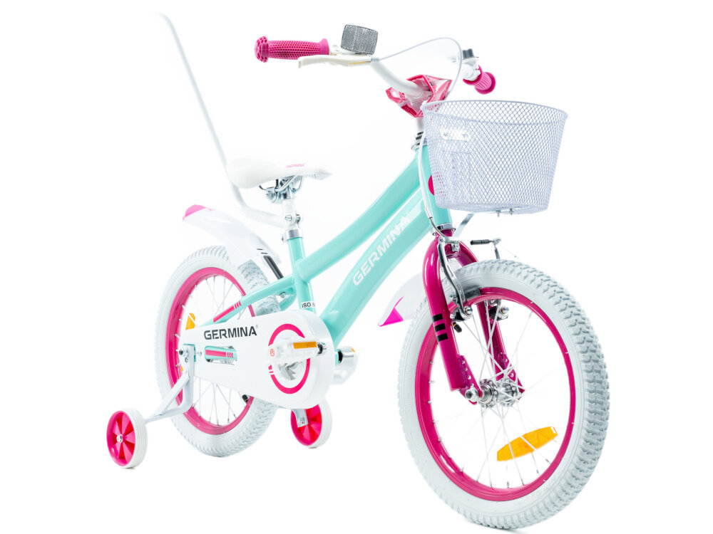 Rower dziecięcy GERMINA BMX 16 cali dla dziewczynki Błękitny rower na białym tle widoczny od przodu pod skosem wygięta kierownica stabilna pozycja pewne prowadzenie roweru ergonomiczny kształt antypoślizgowe uchwyty ograniczniki na końcach gripów zmniejsza ryzyko utraty równowagi