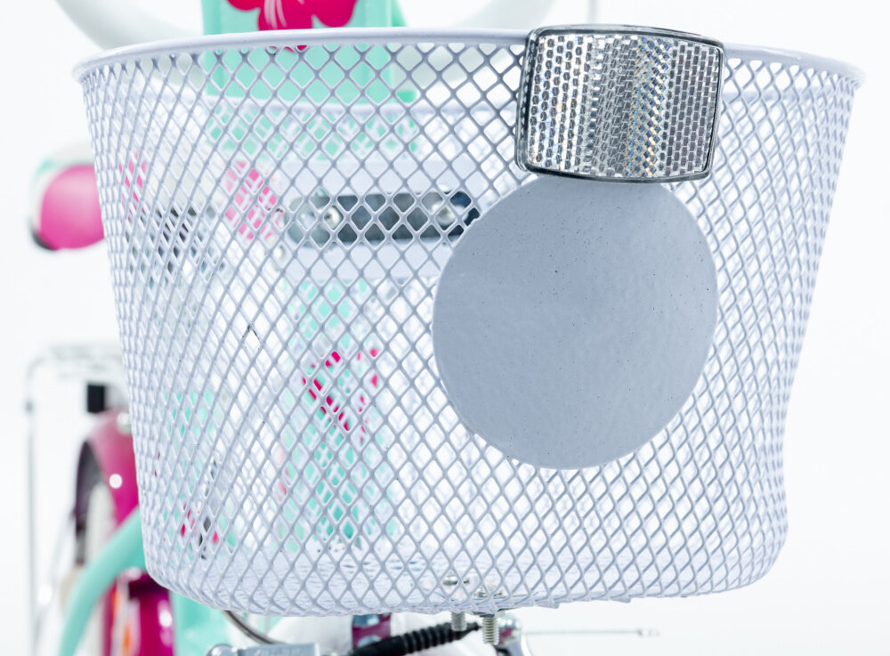 Rower dziecięcy GERMINA BMX 16 cali dla dziewczynki Błękitny zbliżenie na koszyk koszyk na drobiazgi dzwonek bezpieczna jazda