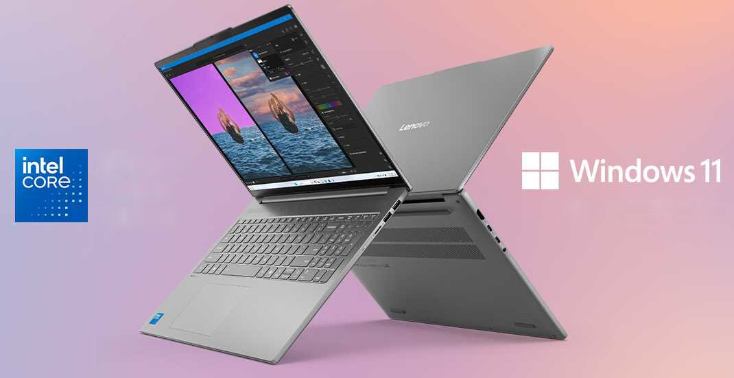 Dwa laptopy Lenovo IdeaPad Slim 5 10. generacji z procesorem Intel Core i systemem Windows 11, prezentujące ekran z aplikacją do edycji zdjęć i smukły design na pastelowym tle. - Intel Core RAM DDR5 dysk SSD Intel UHD Graphics