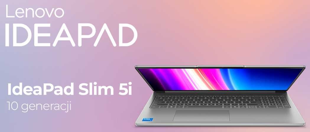Lenovo IdeaPad Slim 5 10. generacji – laptop w srebrnej obudowie, dwa laptopy prezentujące ekran z programem graficznym na pastelowym tle, logo Lenovo IdeaPad.