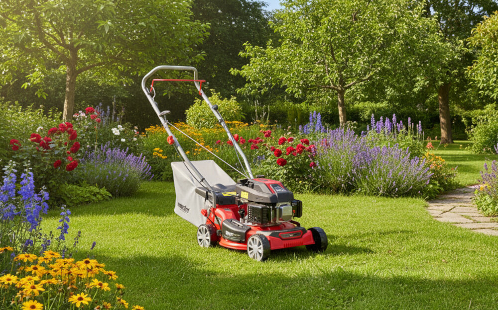 Kosiarka spalinowa HECHT 5408 406mm 1.3kW ogród trawnik kosiarka stoi na trawie wokół kwiaty krzewy drzewa niebo zadbany trawnik skuteczne koszenie trawy