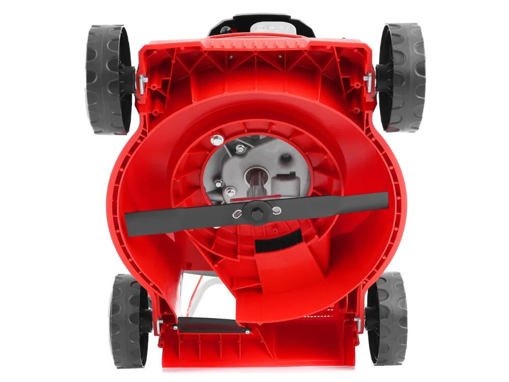 Kosiarka spalinowa HECHT 5408 406mm 1.3kW zbliżenie na noże widok od dołu noże z wysokiej jakości stali wyprofilowane noże kształtowane krawędzie tnące szerokość koszenia do 40,6 cm