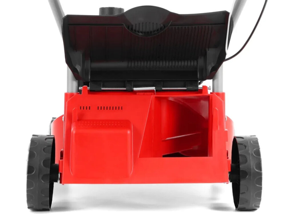 Kosiarka spalinowa HECHT 5408 406mm 1.3kW kosiarki na białym tle widoczna od tyłu podwozie wykonane z wytrzymałego wzmocnionego tworzywa sztucznego waga 17,5 kg specjalne przetłoczenia zwiększają sztywność konstrukcji brak ryzyka korozji lekkość trwałość odporność na warunki atmosferyczne