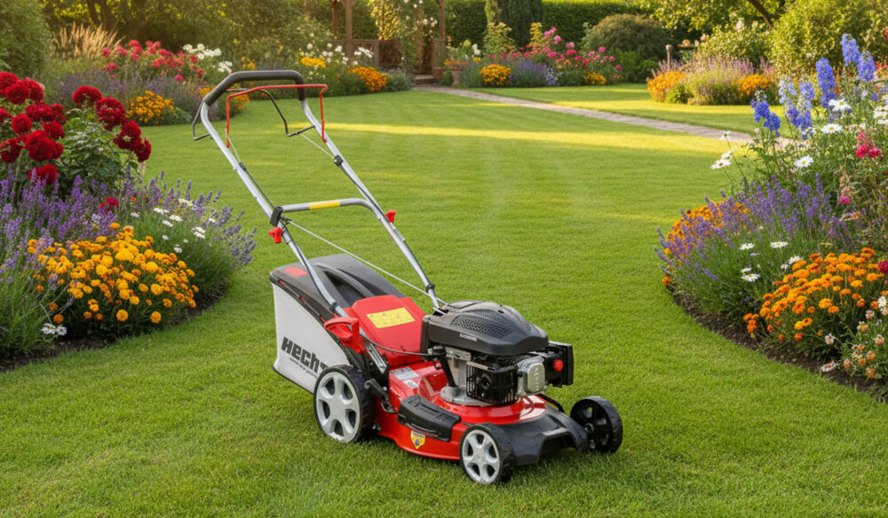 Kosiarka spalinowa HECHT 543SX ogród trawnik kosiarka stoi na trawie wokół kwiaty krzewy drzewa niebo zadbany trawnik skuteczne koszenie trawy