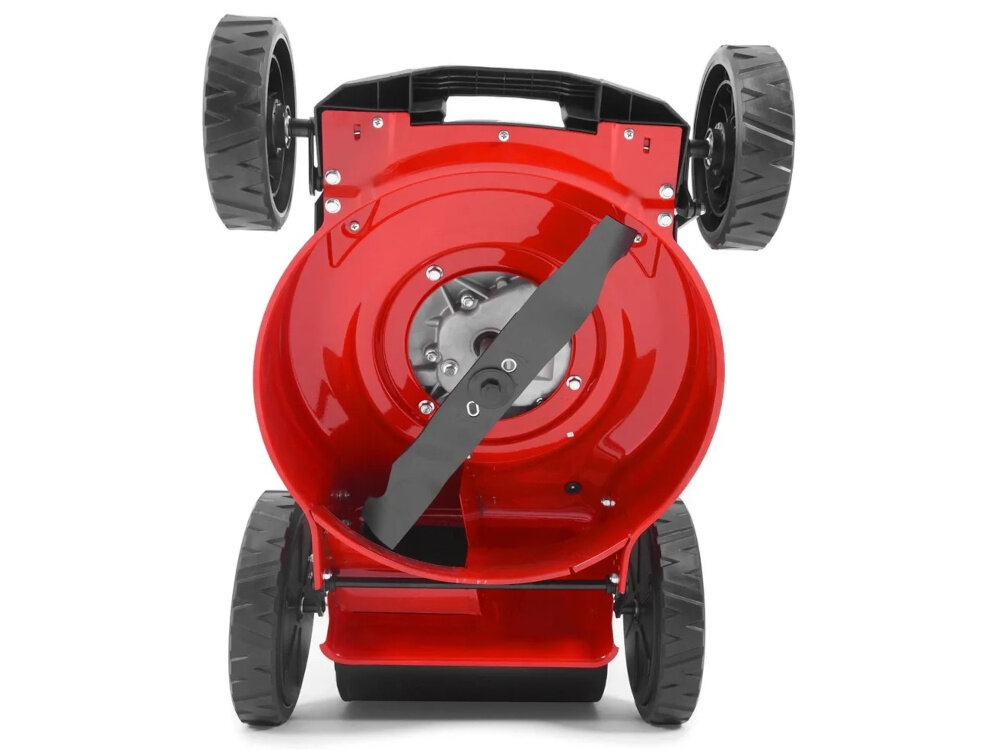 Kosiarka spalinowa HECHT 543SX Kosiarka spalinowa HECHT 543SX zbliżenie na noże widok od dołu noże z wysokiej jakości stali wyprofilowane noże kształtowane krawędzie tnące szerokość koszenia do 42,5 cm