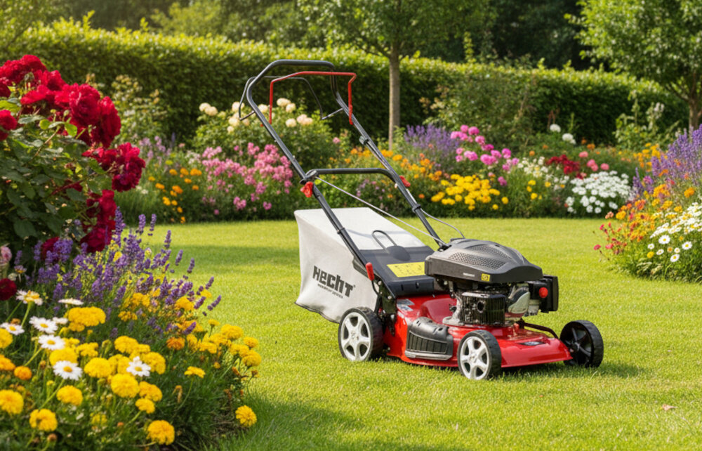 Kosiarka spalinowa HECHT 546SCW ogród trawnik kosiarka stoi na trawie wokół kwiaty krzewy drzewa niebo zadbany trawnik skuteczne koszenie trawy