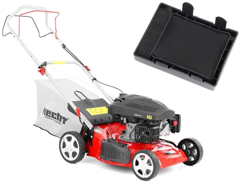 Kosiarka spalinowa HECHT 546SCW kosiarka na białym tle widoczna od przodu obok zatyczka do wyrzutu bocznego w zestawie kosiarka kosz na trawę zatyczka wyrzutu bocznego dokumentacja