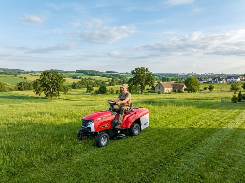 Traktor ogrodowy HECHT 5169, traktor, silnik, koszenie, trawnik, Mężczyzna koszący rozległy trawnik traktorkiem Hecht na tle malowniczego, wiejskiego krajobrazu.