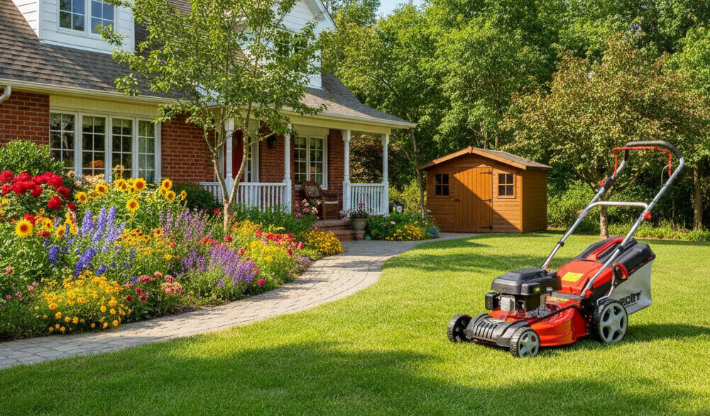 Kosiarka spalinowa HECHT 546 ogród trawnik kosiarka stoi na trawie wokół kwiaty krzewy drzewa niebo w tle dom zadbany trawnik skuteczne koszenie trawy