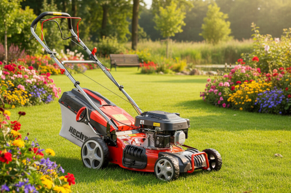 Kosiarka spalinowa HECHT 547SXW ogród trawnik kosiarka stoi na trawie wokół kwiaty krzewy drzewa niebo zadbany trawnik skuteczne koszenie trawy
