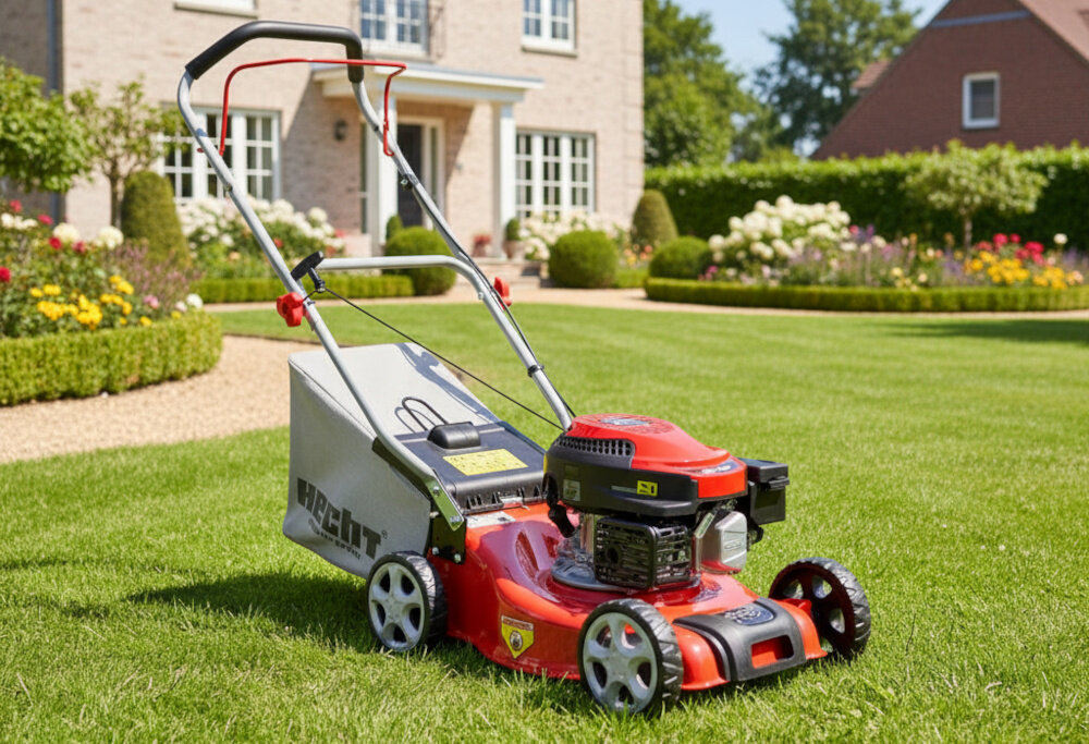 Kosiarka spalinowa HECHT 540 406mm 2kW ogród trawnik kosiarka stoi na trawie wokół kwiaty krzewy drzewa niebo w tle domy zadbany trawnik skuteczne koszenie trawy