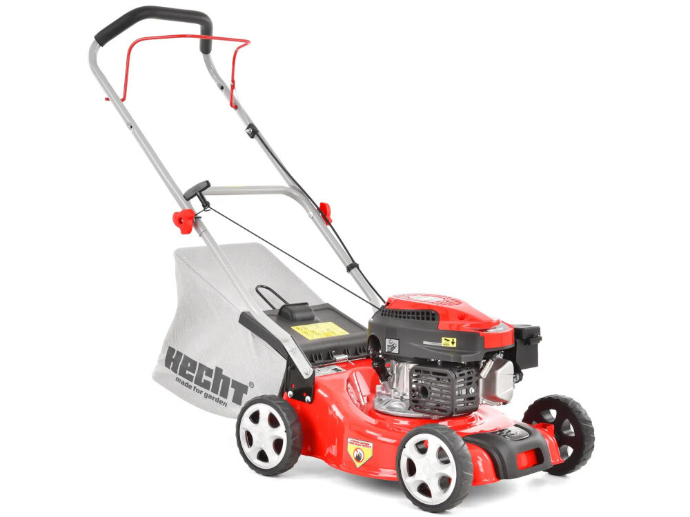 Kosiarka spalinowa HECHT 540 406mm 2kW kosiarka na białym tle widoczna od przodu pod skosem solidna kosiarka spalinowa mocny czterosuwowy silnik niezależność i duża siła cięcia do trawników o powierzchni 750 m2 lekka konstrukcja ergonomiczna rączka trwałe materiały