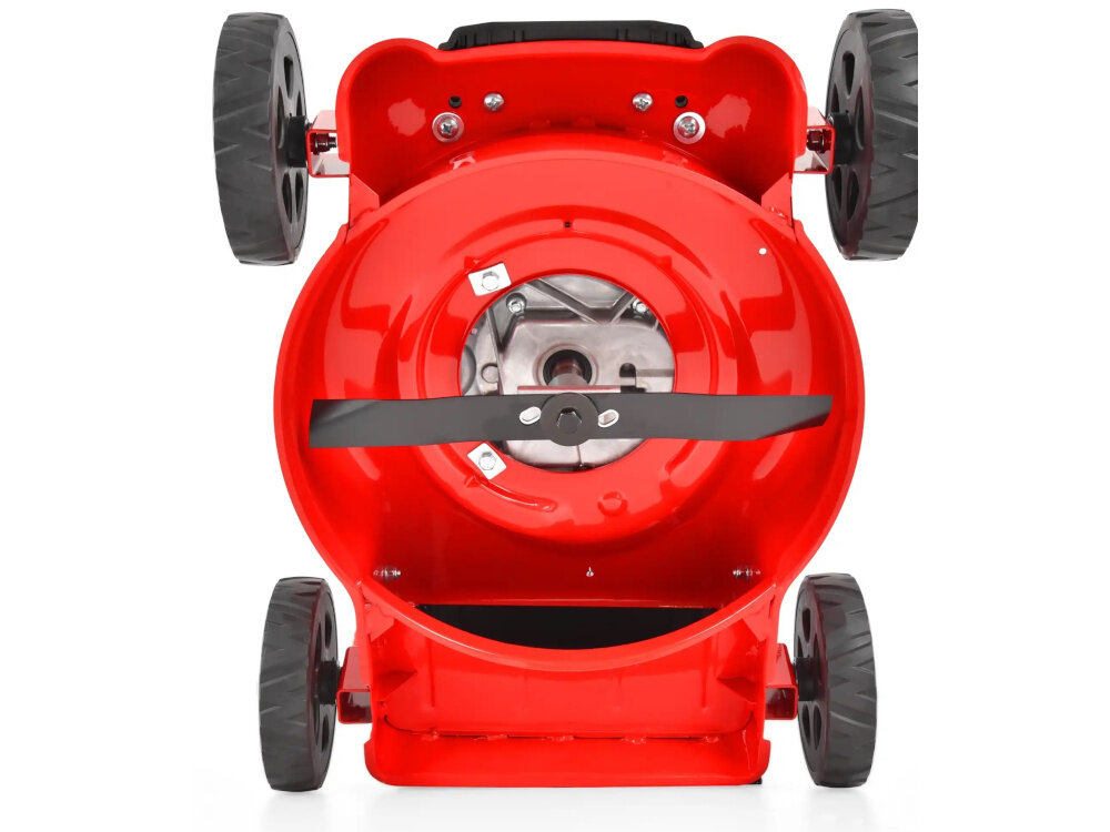 Kosiarka spalinowa HECHT 540 406mm 2kW zbliżenie na noże widok od dołu noże z wysokiej jakości stali wyprofilowane noże kształtowane krawędzie tnące szerokość koszenia do 40,6 cm