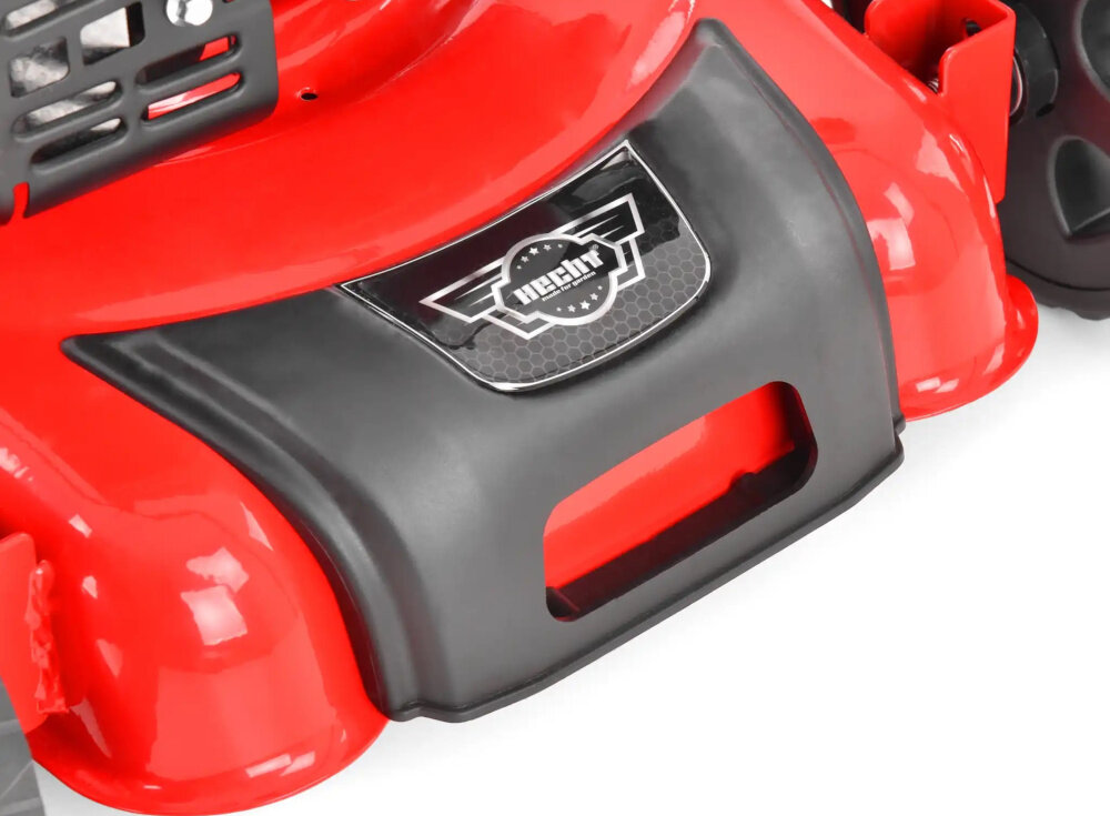 Kosiarka spalinowa HECHT 540 406mm 2kW kosiarka na białym tle widoczna od przodu pod skosem zbliżenie na przód osiowa regulacja wysokości koszenia w zakresie 25–75 mm precyzyjne ustawienie noży i równomierne cięcie na całej szerokości roboczej