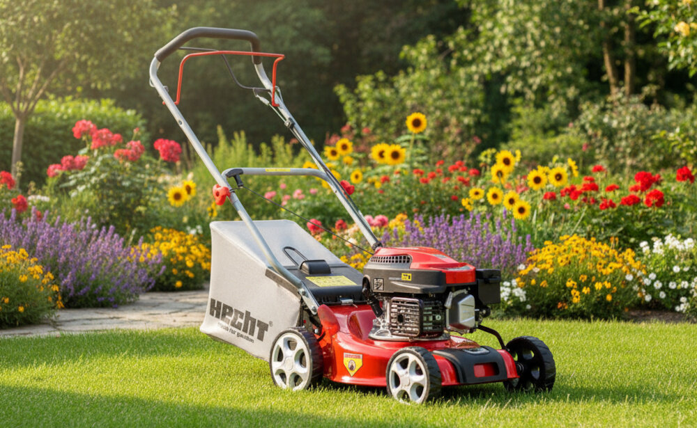 Kosiarka spalinowa HECHT 541SW ogród trawnik kosiarka stoi na trawie wokół kwiaty krzewy drzewa niebo zadbany trawnik skuteczne koszenie trawy
