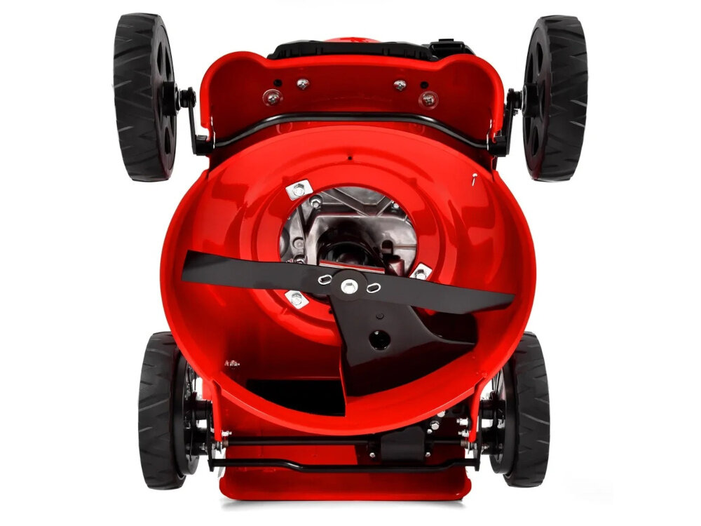 Kosiarka spalinowa HECHT 541SW Kosiarka spalinowa HECHT 541SW zbliżenie na noże widok od dołu noże z wysokiej jakości stali wyprofilowane noże kształtowane krawędzie tnące szerokość koszenia do 40 cm