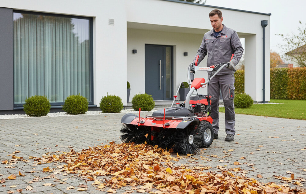 Zamiatarka spalinowa HECHT 8101 dom podjazd chodnik osoba zmiata liście z chodnika w tle trawnik dom krzewy wszechstronne zastosowanie można stosować przez cały rok sprzątanie porządek