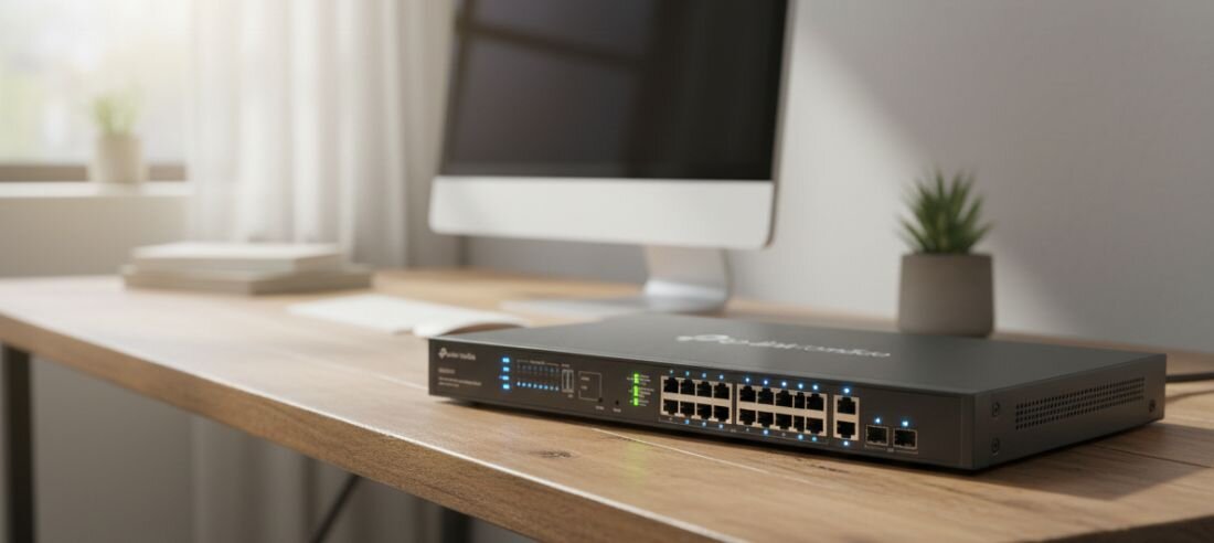 Przełącznik TP-Link Omada z ośmioma portami PoE stoi obok laptopa podczas zarządzania siecią firmową w biurze.