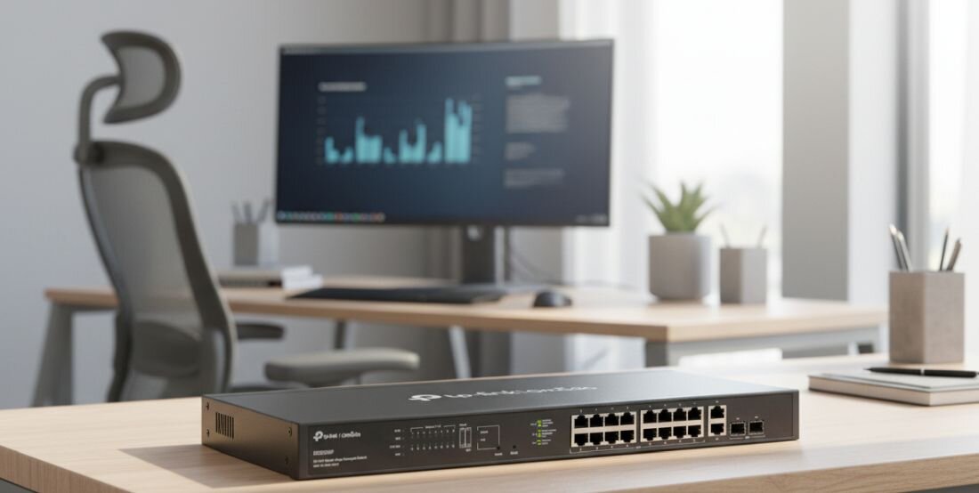 Przełącznik TP-Link Omada Easy Managed Switch pracuje na biurku obok monitora podczas monitorowania infrastruktury sieciowej