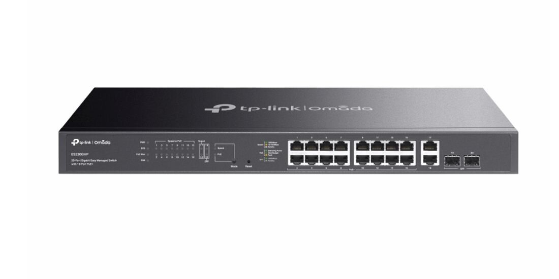 Przełącznik TP-Link Omada ES210GMP z ośmioma portami PoE prezentuje kompaktową metalową obudowę na jasnym tle produktowym