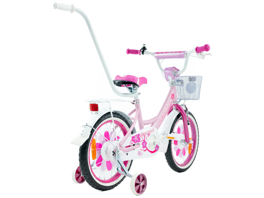 Rower dziecięcy GERMINA BMX 16 cali dla dziewczynki Jasnoróżowy rowerek na białym tle widoczny od tyłu pod skosem pałąk prowadzący dla rodzica szlifowanie umiejętności bezpieczeństwo pełna kontrola nad pojazdem