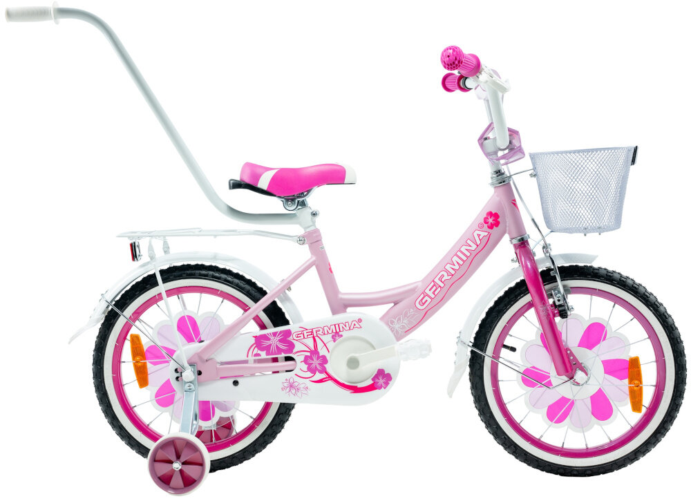 Rower dziecięcy GERMINA BMX 16 cali dla dziewczynki Jasnoróżowy rower na białym tle widoczny z boku odpowiednio wyselekcjonowane materiały stalowa 8,5-calowa rama dostosowana do najmłodszych geometria ponadprzeciętna odporność na uszkodzenia mechaniczne i działanie czynników zewnętrznych wybór rozmiaru ramy Twój wzrost mierzony w zrelaksowanej pozycji typ