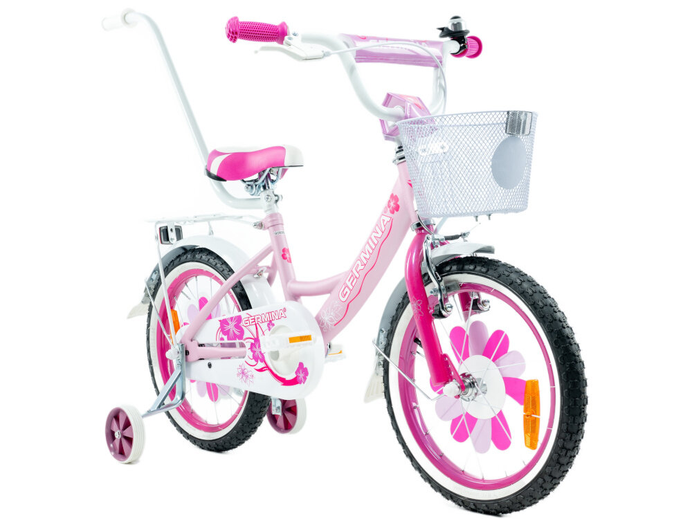 Rower dziecięcy GERMINA BMX 16 cali dla dziewczynki Jasnoróżowy rower na białym tle widoczny od przodu pod skosem koła w rozmiarze 16 cali aluminiowe obręcze dobra przyczepność aluminiowe obręcze zachowanie regularnego kształtu kół stabilne trzymanie opony bezpieczna jazda błotniki elegancki osłaniają odzież wygląd regularne sprawdzanie ciśnienia powietrza wartość na bocznej części opony
