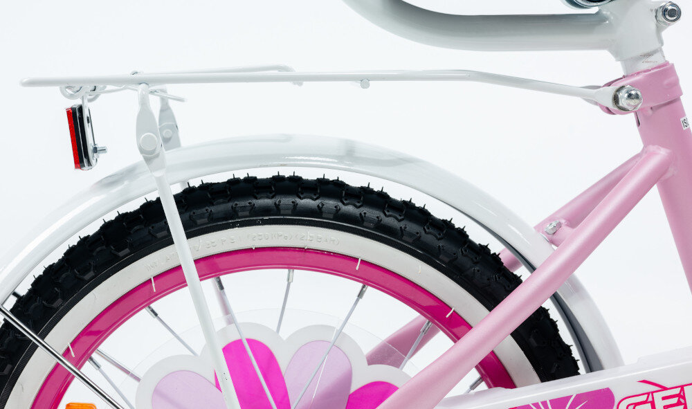 Rower dziecięcy GERMINA BMX 16 cali dla dziewczynki Jasnoróżowy zbliżenie na bagażnik bagażnik można wygodnie przewozić potrzebne drobiazgi stabilna konstrukcja młody rowerzysta może swobodnie korzystać z roweru