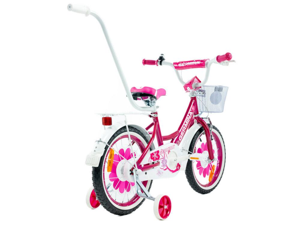 Rower dziecięcy GERMINA BMX 16 cali dla dziewczynki Ciemnoróżowy rowerek na białym tle widoczny od tyłu pod skosem pałąk prowadzący dla rodzica szlifowanie umiejętności bezpieczeństwo pełna kontrola nad pojazdem