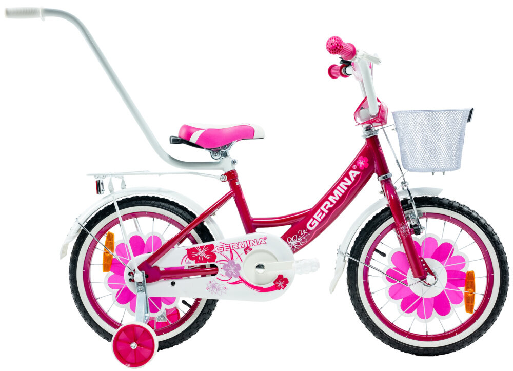 Rower dziecięcy GERMINA BMX 16 cali dla dziewczynki Ciemnoróżowy rower na białym tle widoczny z boku odpowiednio wyselekcjonowane materiały stalowa 8,5-calowa rama dostosowana do najmłodszych geometria ponadprzeciętna odporność na uszkodzenia mechaniczne i działanie czynników zewnętrznych wybór rozmiaru ramy Twój wzrost mierzony w zrelaksowanej pozycji typ