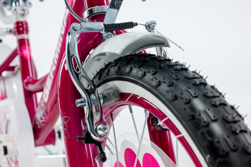 Rower dziecięcy GERMINA BMX 16 cali dla dziewczynki Ciemnoróżowy zbliżenie na przedni hamulec zdjęcie na białym tle podstawa bezpieczeństwa przedni hamulec V-Brake tylny hamulec nożny Torpedo lekkie duża siła hamowania reflektory odblaskowe na szprychach dobra widoczność na drodze bezpieczeństwo
